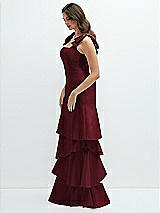 Front View Thumbnail - Cabernet Bow-Shoulder Satin Maxi Dress with Asymmetrical Tiered Skirt