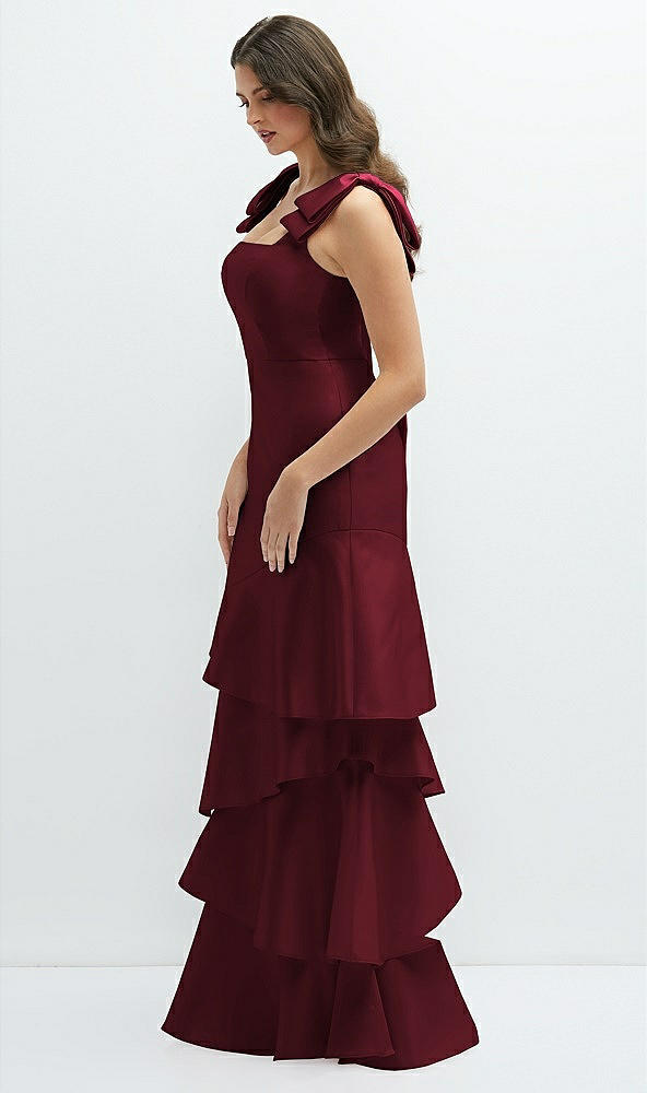 Front View - Cabernet Bow-Shoulder Satin Maxi Dress with Asymmetrical Tiered Skirt