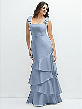 Side View Thumbnail - Cloudy Bow-Shoulder Satin Maxi Dress with Asymmetrical Tiered Skirt