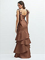 Rear View Thumbnail - Cognac Bow-Shoulder Satin Maxi Dress with Asymmetrical Tiered Skirt