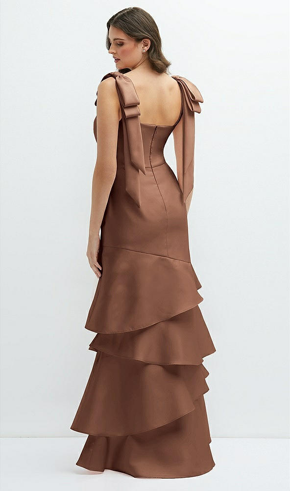Back View - Cognac Bow-Shoulder Satin Maxi Dress with Asymmetrical Tiered Skirt