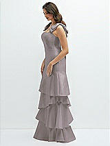 Front View Thumbnail - Cashmere Gray Bow-Shoulder Satin Maxi Dress with Asymmetrical Tiered Skirt