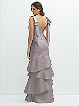 Rear View Thumbnail - Cashmere Gray Bow-Shoulder Satin Maxi Dress with Asymmetrical Tiered Skirt