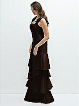 Front View Thumbnail - Espresso Bow-Shoulder Satin Maxi Dress with Asymmetrical Tiered Skirt