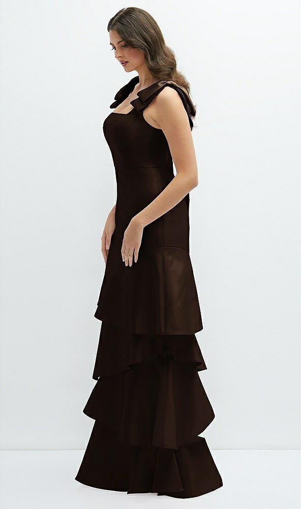 Front View - Espresso Bow-Shoulder Satin Maxi Dress with Asymmetrical Tiered Skirt