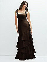 Side View Thumbnail - Espresso Bow-Shoulder Satin Maxi Dress with Asymmetrical Tiered Skirt