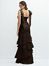 Rear View Thumbnail - Espresso Bow-Shoulder Satin Maxi Dress with Asymmetrical Tiered Skirt