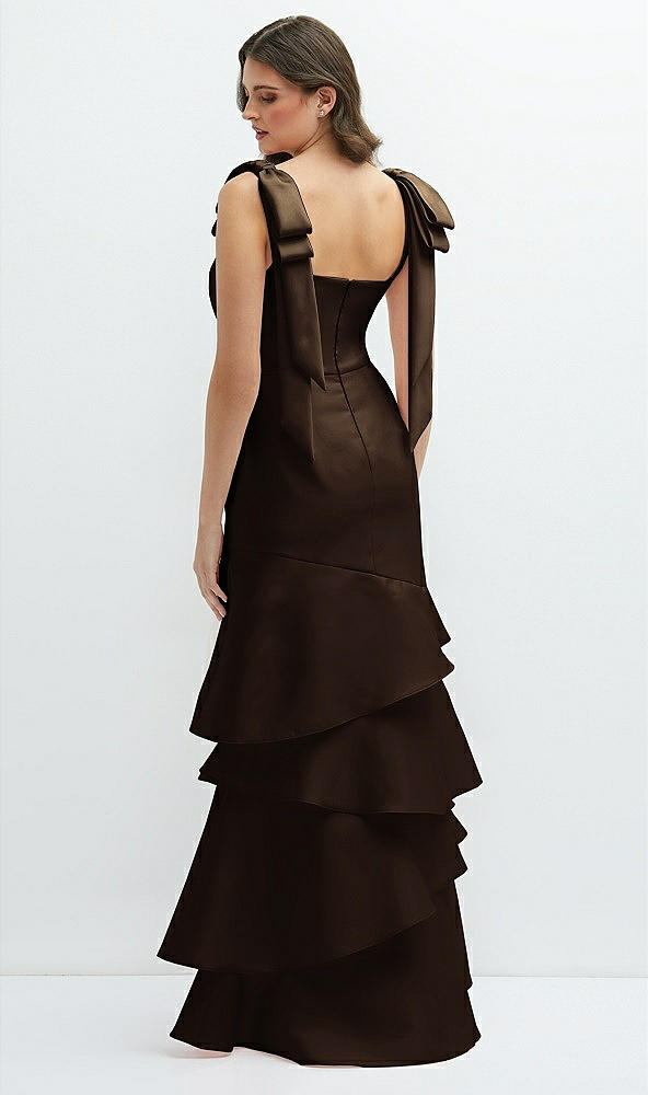 Back View - Espresso Bow-Shoulder Satin Maxi Dress with Asymmetrical Tiered Skirt