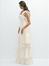 Front View Thumbnail - Ivory Bow-Shoulder Satin Maxi Dress with Asymmetrical Tiered Skirt