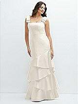 Side View Thumbnail - Ivory Bow-Shoulder Satin Maxi Dress with Asymmetrical Tiered Skirt