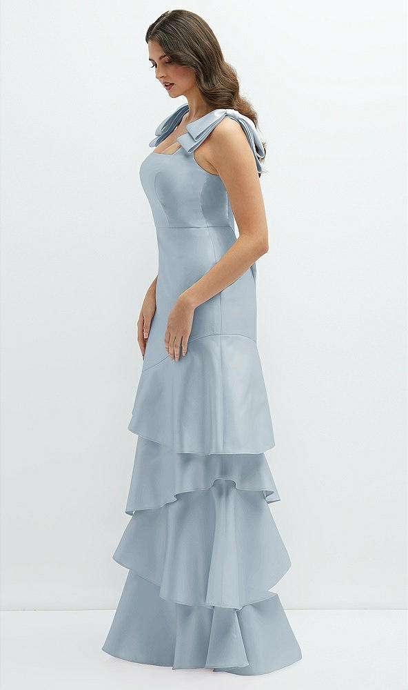 Front View - Mist Bow-Shoulder Satin Maxi Dress with Asymmetrical Tiered Skirt