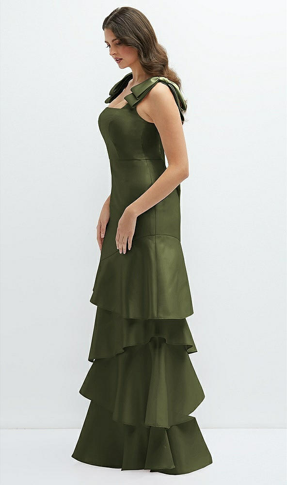 Front View - Olive Green Bow-Shoulder Satin Maxi Dress with Asymmetrical Tiered Skirt
