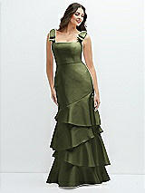 Side View Thumbnail - Olive Green Bow-Shoulder Satin Maxi Dress with Asymmetrical Tiered Skirt