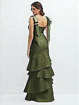 Rear View Thumbnail - Olive Green Bow-Shoulder Satin Maxi Dress with Asymmetrical Tiered Skirt