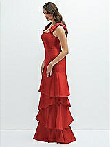 Front View Thumbnail - Poppy Red Bow-Shoulder Satin Maxi Dress with Asymmetrical Tiered Skirt
