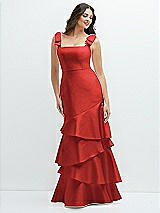 Side View Thumbnail - Poppy Red Bow-Shoulder Satin Maxi Dress with Asymmetrical Tiered Skirt