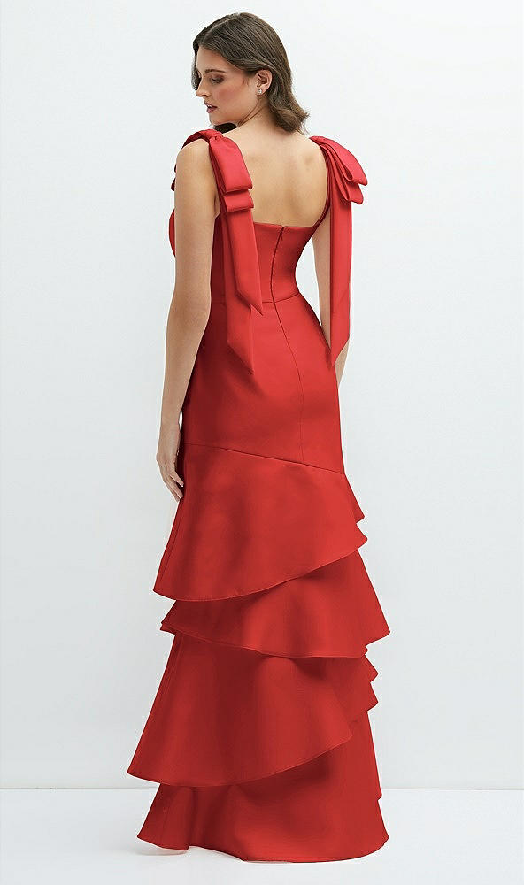 Back View - Poppy Red Bow-Shoulder Satin Maxi Dress with Asymmetrical Tiered Skirt