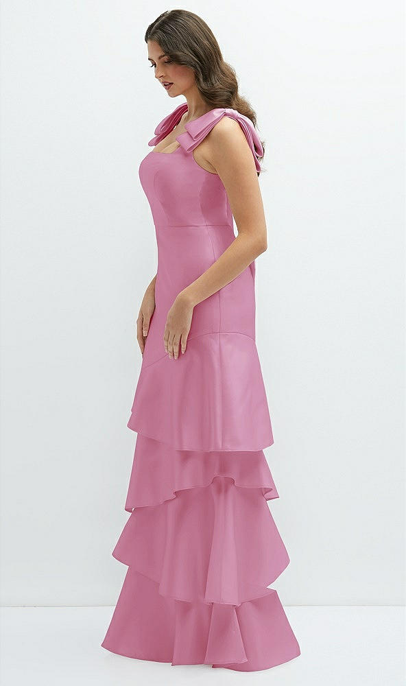 Front View - Powder Pink Bow-Shoulder Satin Maxi Dress with Asymmetrical Tiered Skirt