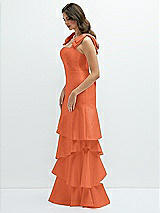 Front View Thumbnail - Portofino Orange Bow-Shoulder Satin Maxi Dress with Asymmetrical Tiered Skirt