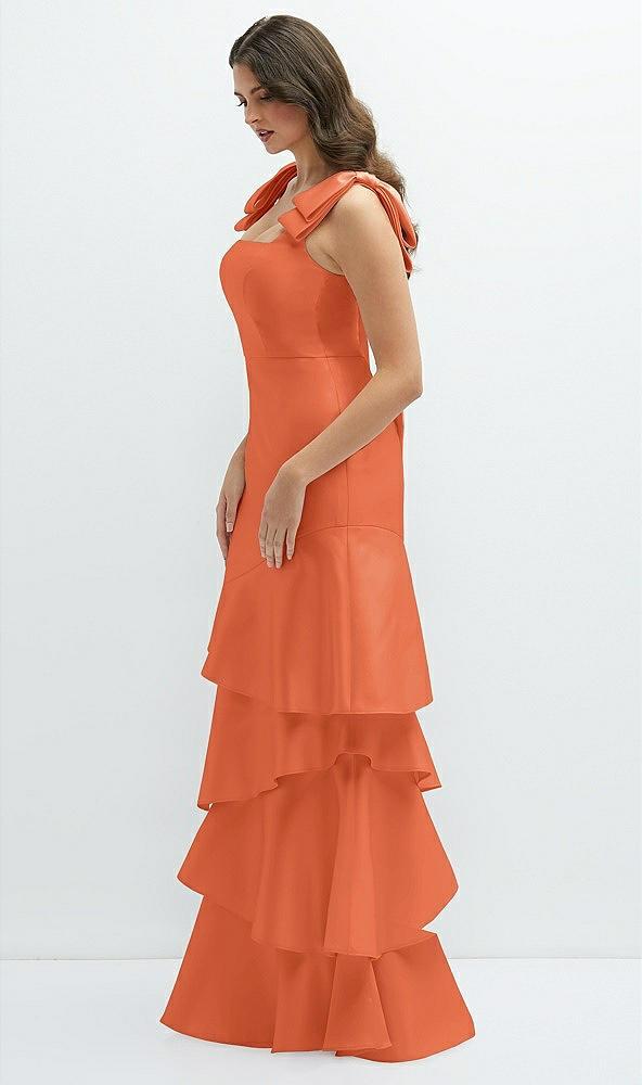 Front View - Portofino Orange Bow-Shoulder Satin Maxi Dress with Asymmetrical Tiered Skirt