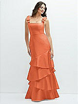 Side View Thumbnail - Portofino Orange Bow-Shoulder Satin Maxi Dress with Asymmetrical Tiered Skirt