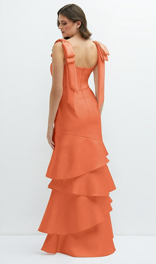 Back View - Portofino Orange Bow-Shoulder Satin Maxi Dress with Asymmetrical Tiered Skirt