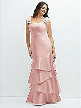 Side View Thumbnail - Rose Bow-Shoulder Satin Maxi Dress with Asymmetrical Tiered Skirt