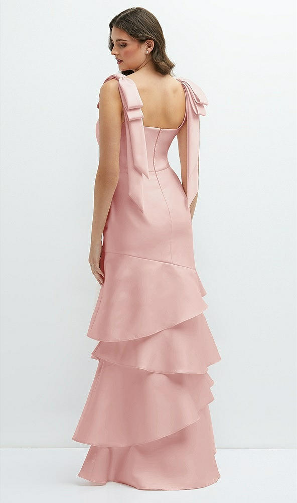 Back View - Rose Bow-Shoulder Satin Maxi Dress with Asymmetrical Tiered Skirt