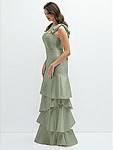 Front View Thumbnail - Sage Bow-Shoulder Satin Maxi Dress with Asymmetrical Tiered Skirt