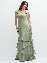 Side View Thumbnail - Sage Bow-Shoulder Satin Maxi Dress with Asymmetrical Tiered Skirt
