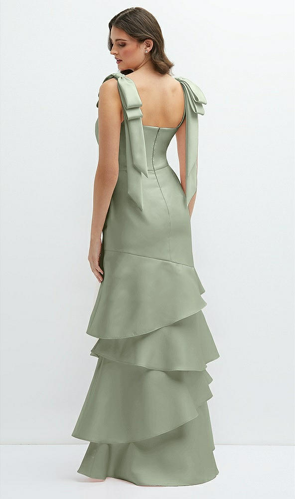 Back View - Sage Bow-Shoulder Satin Maxi Dress with Asymmetrical Tiered Skirt