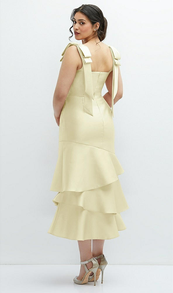 Front View - Butter Yellow Bow-Shoulder Satin Midi Dress with Asymmetrical Tiered Skirt