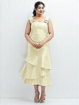 Rear View Thumbnail - Butter Yellow Bow-Shoulder Satin Midi Dress with Asymmetrical Tiered Skirt