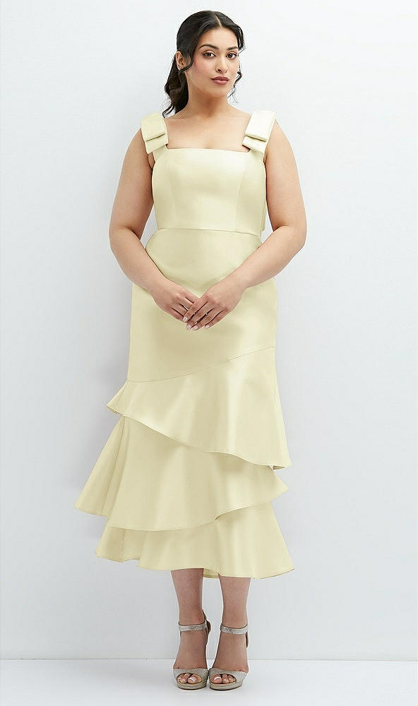 Back View - Butter Yellow Bow-Shoulder Satin Midi Dress with Asymmetrical Tiered Skirt