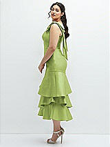 Side View Thumbnail - Mojito Bow-Shoulder Satin Midi Dress with Asymmetrical Tiered Skirt