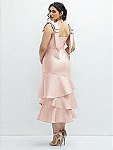 Front View Thumbnail - Blush Bow-Shoulder Satin Midi Dress with Asymmetrical Tiered Skirt