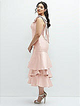 Side View Thumbnail - Blush Bow-Shoulder Satin Midi Dress with Asymmetrical Tiered Skirt
