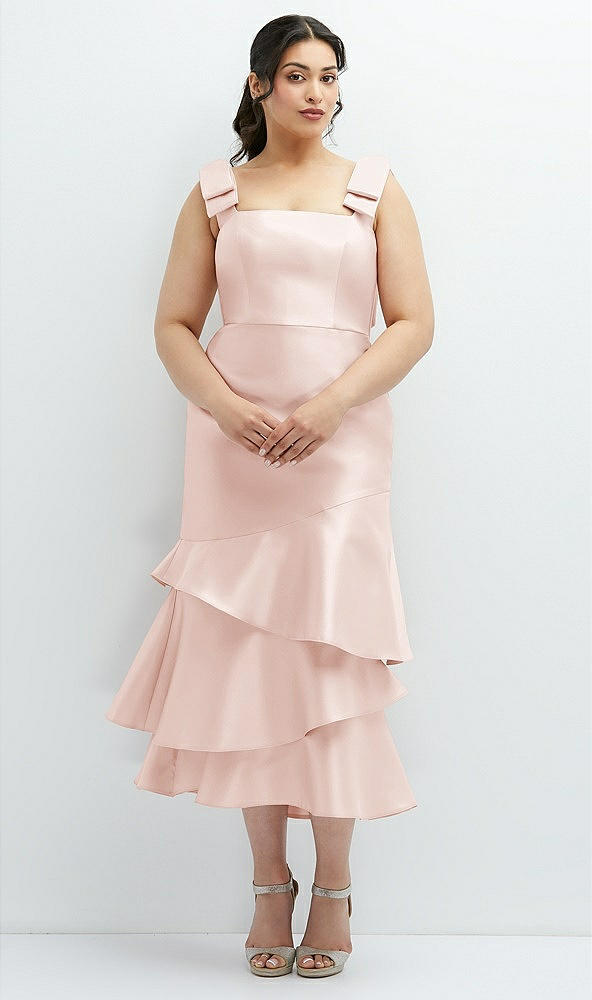 Back View - Blush Bow-Shoulder Satin Midi Dress with Asymmetrical Tiered Skirt