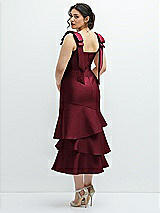 Front View Thumbnail - Cabernet Bow-Shoulder Satin Midi Dress with Asymmetrical Tiered Skirt