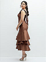 Side View Thumbnail - Cognac Bow-Shoulder Satin Midi Dress with Asymmetrical Tiered Skirt