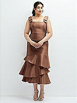 Rear View Thumbnail - Cognac Bow-Shoulder Satin Midi Dress with Asymmetrical Tiered Skirt