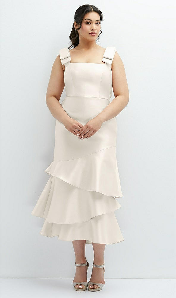 Back View - Ivory Bow-Shoulder Satin Midi Dress with Asymmetrical Tiered Skirt