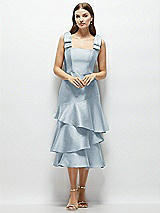 Alt View 1 Thumbnail - Mist Bow-Shoulder Satin Midi Dress with Asymmetrical Tiered Skirt