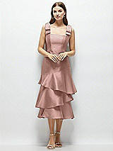 Alt View 1 Thumbnail - Neu Nude Bow-Shoulder Satin Midi Dress with Asymmetrical Tiered Skirt