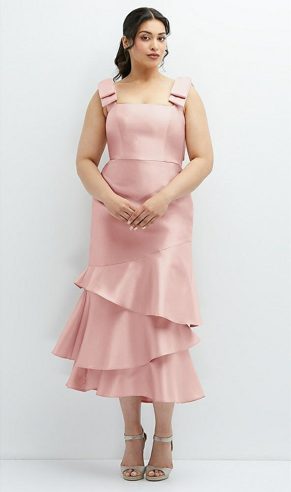 Back View - Rose Bow-Shoulder Satin Midi Dress with Asymmetrical Tiered Skirt