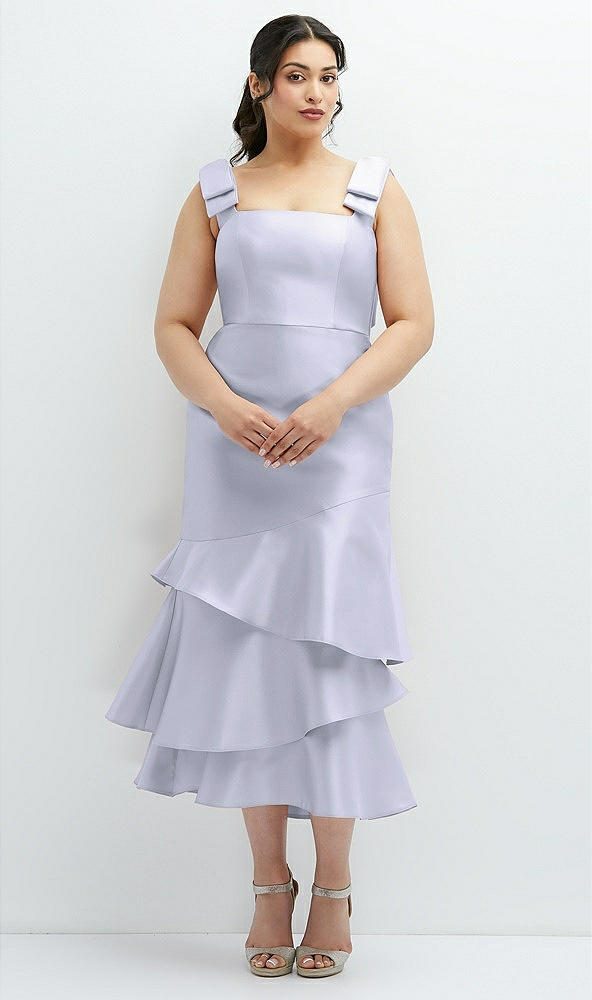Back View - Silver Dove Bow-Shoulder Satin Midi Dress with Asymmetrical Tiered Skirt