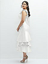 Side View Thumbnail - White Bow-Shoulder Satin Midi Dress with Asymmetrical Tiered Skirt