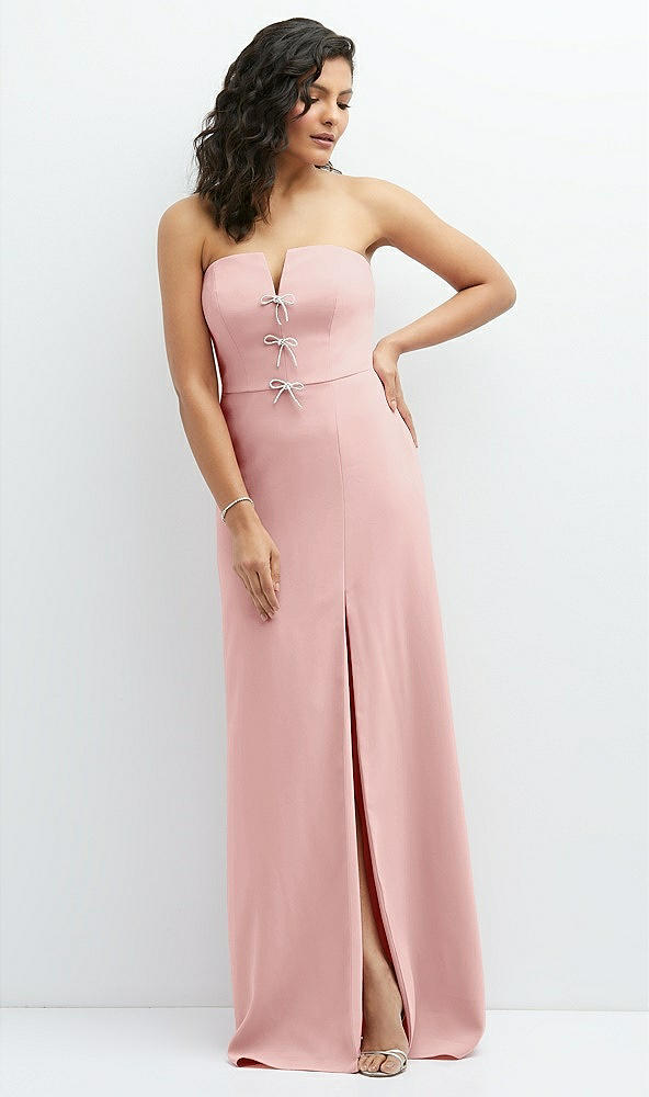 Front View - Rose Strapless Notch-Neck Crepe A-line Dress with Rhinestone Piping Bows