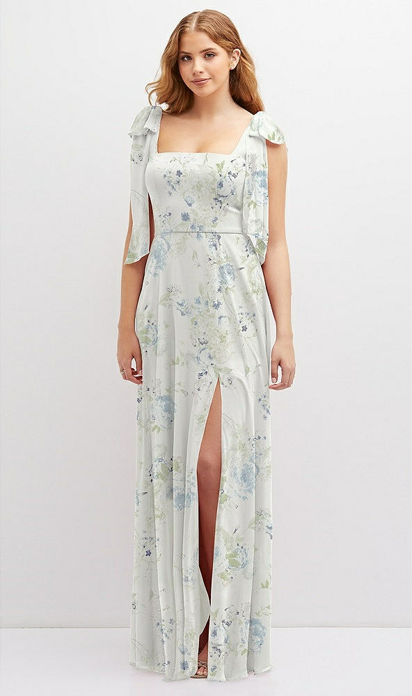 Front View - Bleu Garden Bow Shoulder Square Neck Chiffon Maxi Dress