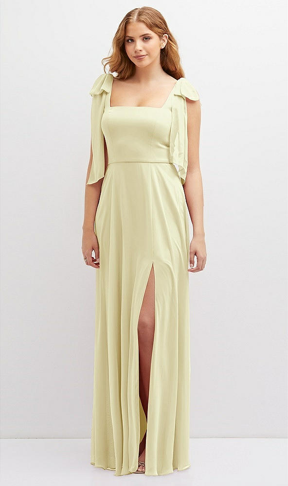 Front View - Butter Yellow Bow Shoulder Square Neck Chiffon Maxi Dress